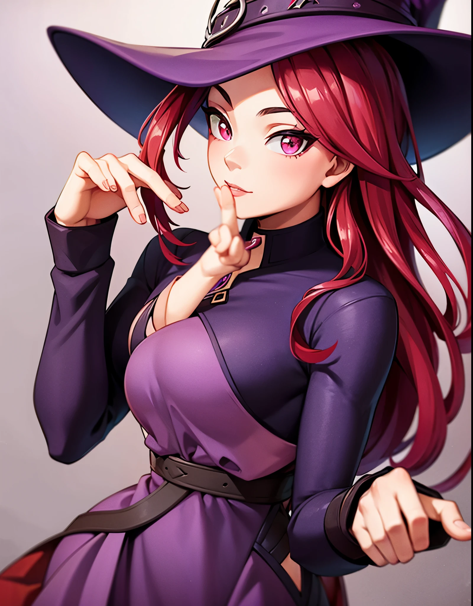 Beautiful Girl, red hair, Ojos rojos, purple witch clothes, purple witch hat, pose sexy, open hands