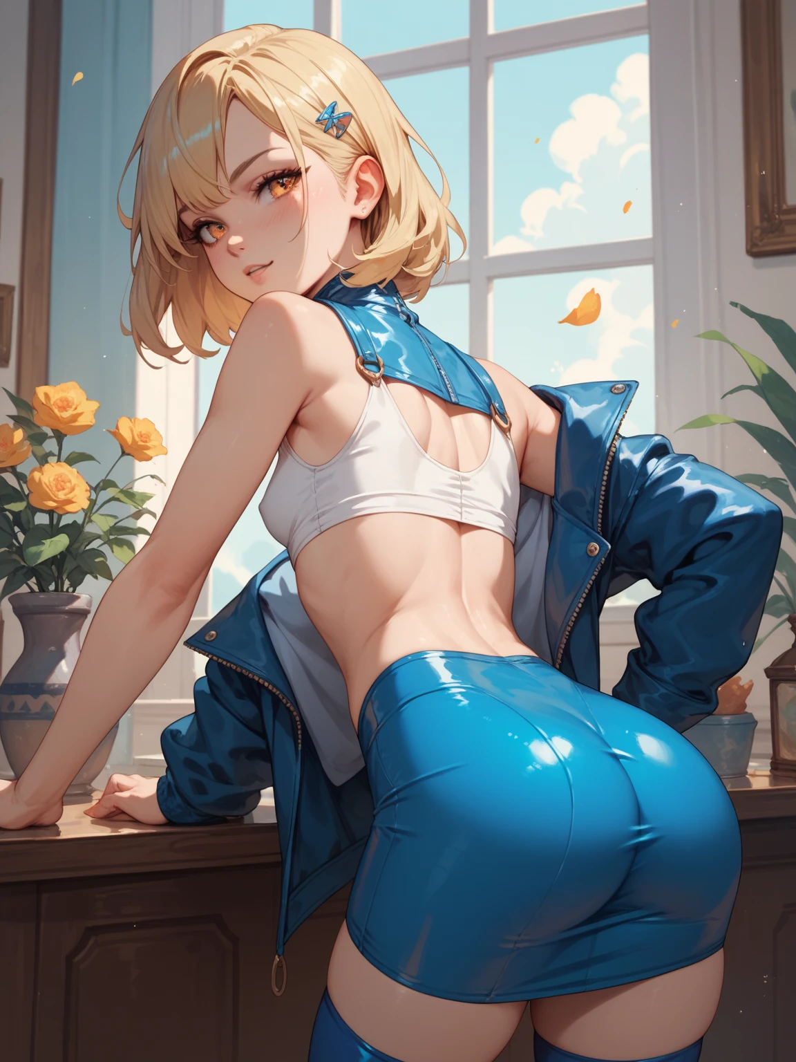 Girl, girl 16 years old, hair tie, girl on her back, underwear, propped up on the table, thin leg, thin hip, wide waist, big ass, perfect ass, extremely detailed ass, prancing ass, sexy ass.