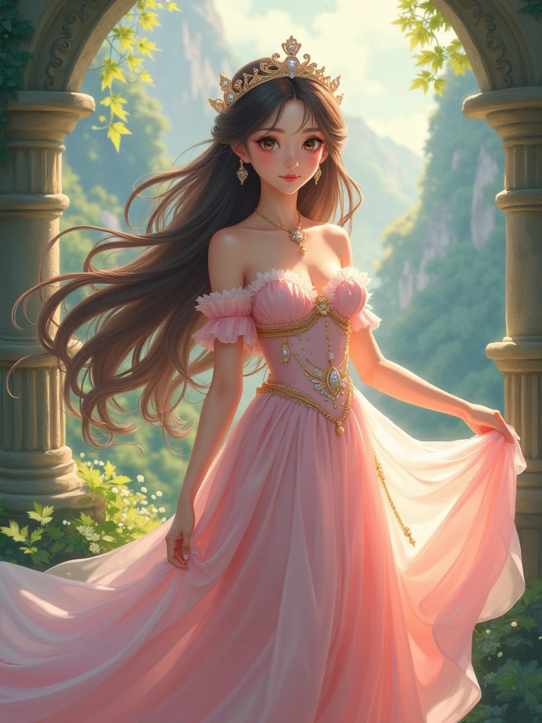 Young petite adorable cute girl busty tight_dress small_dress short_dress short_skirt holding_skirt blushing embarrassed blush red_face freckled_skin long_hair extremely_long_hair thick_hair ponytail ponytails pony_tail cleavage small dress