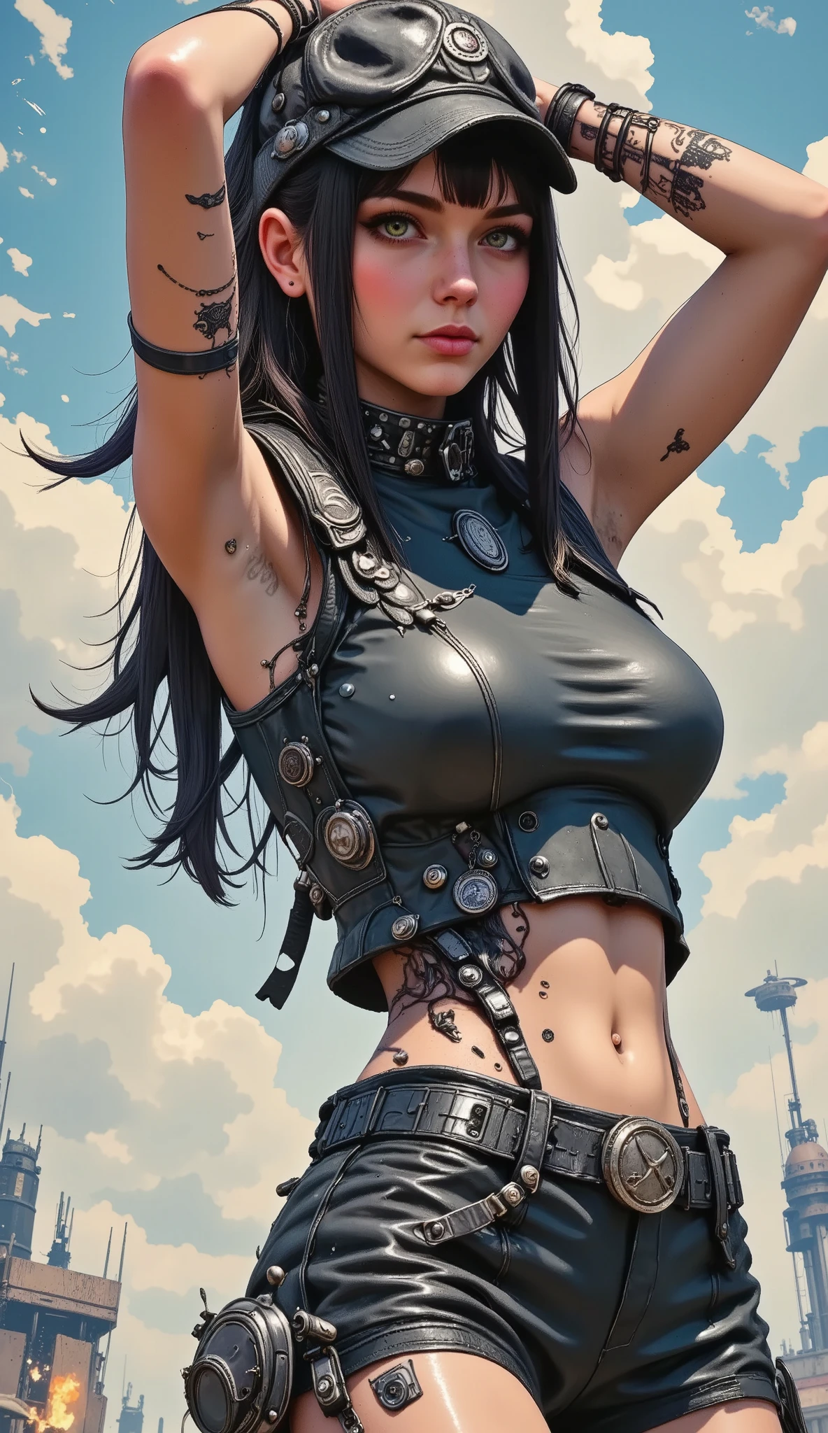 long shot,  general plan ,  full body :1.3, ( masterpiece,  envelopes),  A young woman of breathtaking beauty and long hair .  sensual action pose, It's photogenic ,  resolution, radiant hair flowing in various punk-style colors is captured in an intricately detailed illustration...  She wears a leather pilot hat adorned with intricate ornaments ., leather clothing adorned with numerous metal decorations., and punk-inspired outfits . Her dynamic and sensual pose .,  Her captivating expression fixes directly to the camera ,  radiates confidence and attractiveness . El telón de fondo es una  masterpiece de destrucción.,  Represented with the finest details and highest resolution ..  The epic lighting illuminates the scene ., Casting dramatic shadows as explosions pierce the air with 8k 