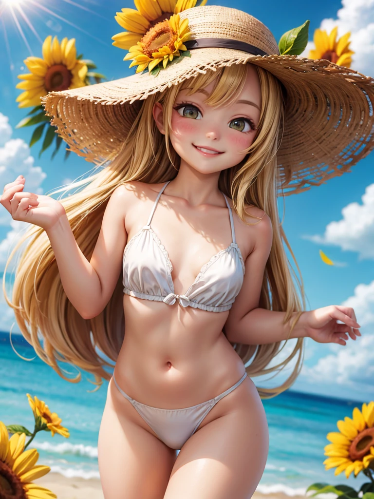 obra-prima, qualidade superior, melhor qualidade, 1girl, Toga, (presas), (pupilas incomuns), (sorriso), hair messy, (gargantilha espinhosa), corar louco, bikini, praia