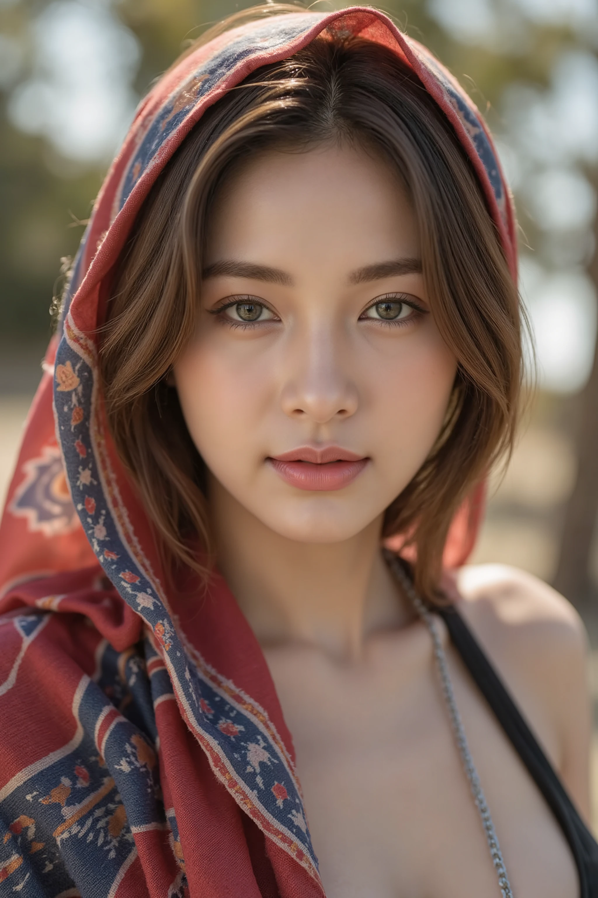 An extreme close-up photograph of a young east asian woman with light skin, green eyes, and full lips, set against a blurred, sunlit background. She wears a partially covered by a red and blue patterned headscarf matching her elaborate, multicolored scarf draped over her shoulders. Wearing a silver coins accessories, Her makeup is subtle, highlighting her natural beauty. The lighting accentuates her smooth skin and the rich colors of her attire.