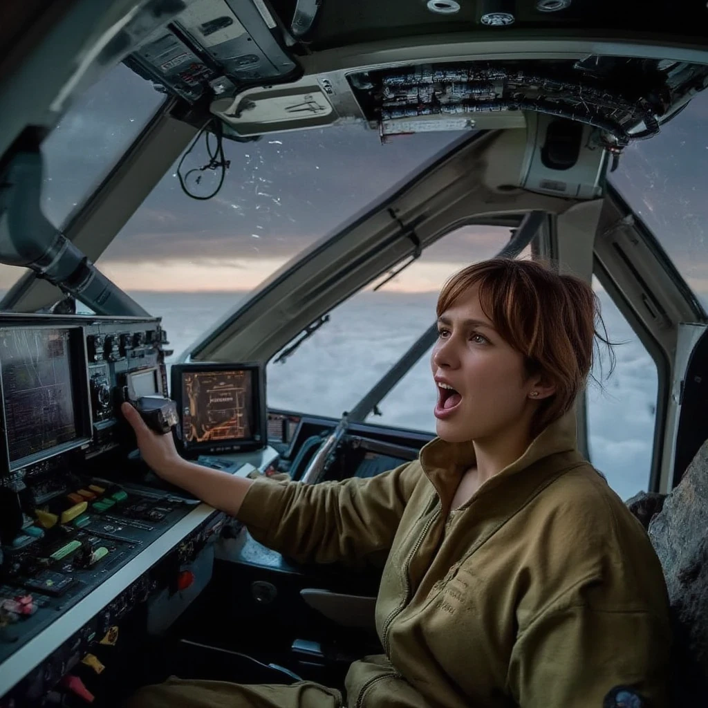 Absurd resolution, high resolution, (masterpiece: 1.4), hyper-detail, ung woman, short red hair, pilot suit, rich princess, sitting in an extremely narrow closed mecha control room, expression scared crying open mouth call (1.3), in the sky