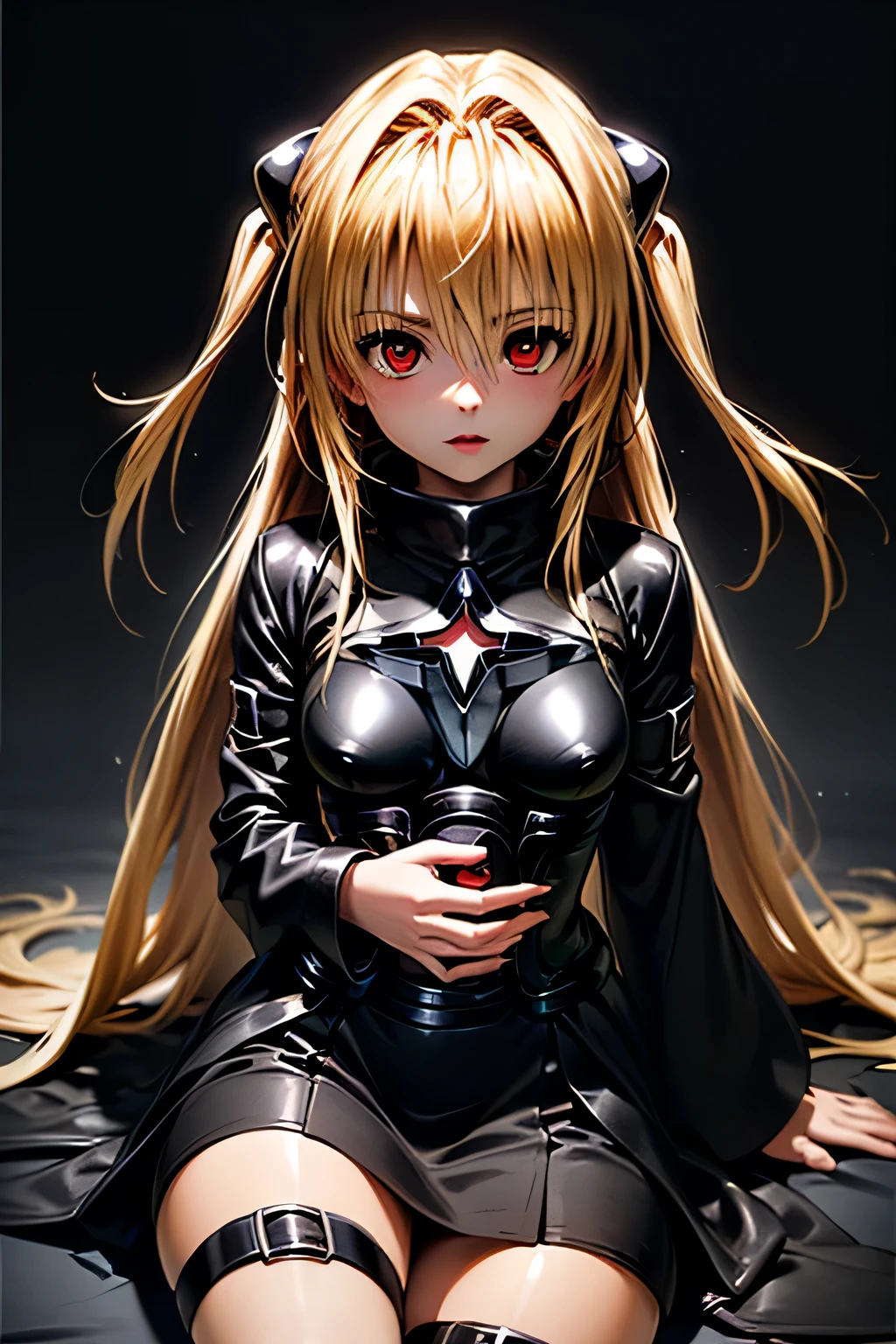 Complete anatomy best quality , Highest Resolution ,(((shiny black dress Shiny Blonde red eyes))) ToLOVEru Golden Darkness girl