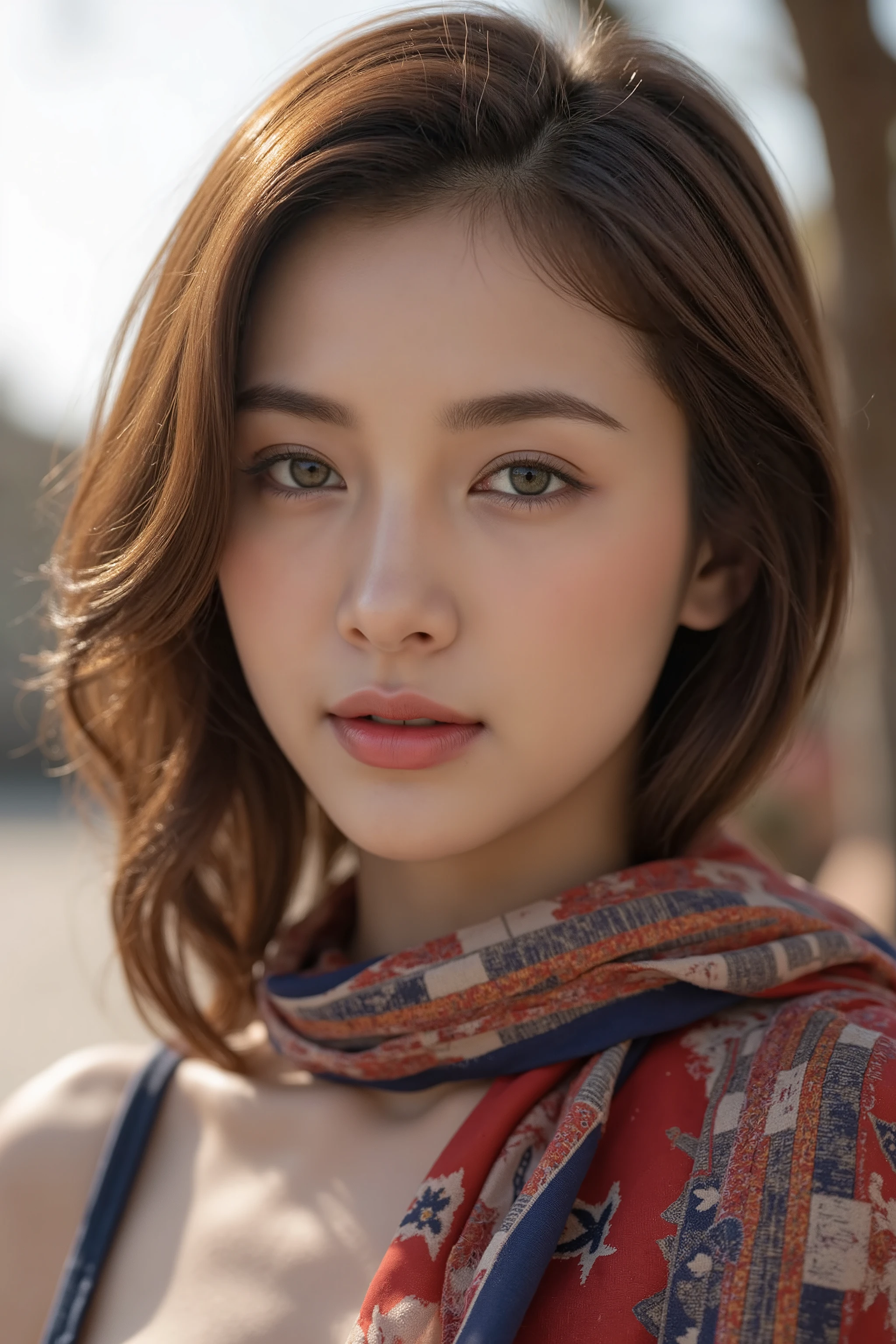 An extreme close-up photograph of a young east asian woman with light skin, green eyes, and full lips, set against a blurred, sunlit background. She wears a partially covered by a red and blue patterned headscarf matching her elaborate, multicolored scarf draped over her shoulders. Wearing a silver coins accessories, Her makeup is subtle, highlighting her natural beauty. The lighting accentuates her smooth skin and the rich colors of her attire.