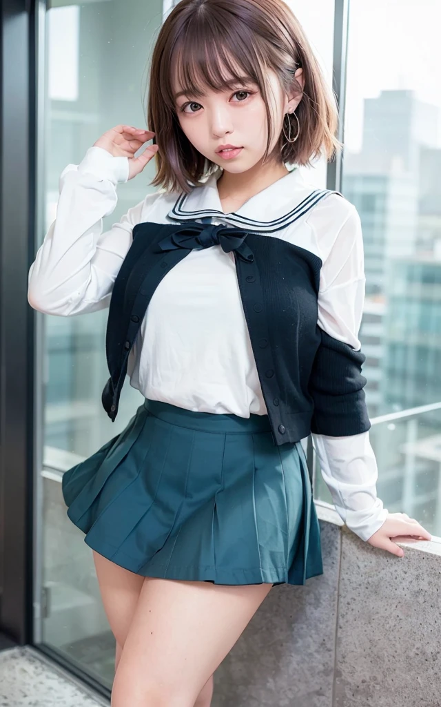 Masterpiece, Best-quality, RAW-photo, Ultra-High-Resolution, Photorealistic, bust up shot,
(Anatomically correct, 16-years-old, photographer's lover, She truly loves photographer, baby face, cute face, Perfect body, slim waist and busty body, Slender legs, Large breast, Realistic skin),
((teat, Wear Pink sailor collar shirt, loose sleeves, black miniskirt, long boots:1.3)),
(maiko, Round face, Black hair, Moist eyes, Shining eyes, Short bob cut, Bangs, Down-slating eyebrows, one little earring, Light blush),
(See photographer, put your back against the wall),
(goddess smile, facial expressions that seduce men),
(Buildings lined up, guardrails, people coming and going, at night),
Natural lighting, full length