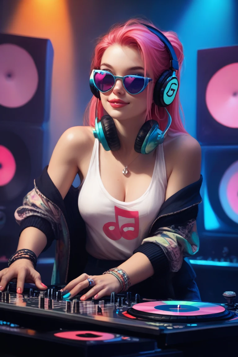 Close-up of a beautiful girl with eyes closed in satisfaction very long eyelashes with thick parted lips bright blue hair big breasts wearing a tight top, He is listening to music with his headphones, on a stage of very bright red and yellow LED lights with blur, very perfect and detailed high resolution image