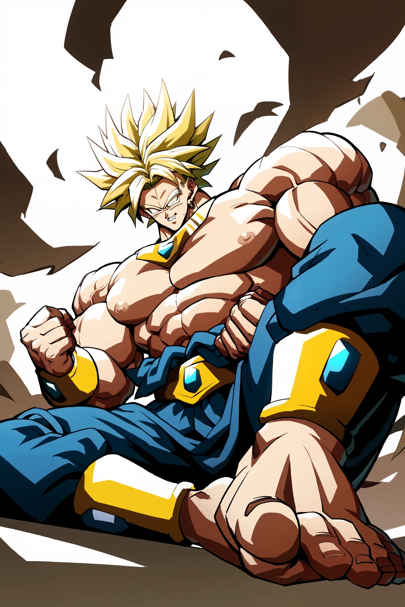 A Broly legendary Dragon Ball Z man with pointed blonde hair , male focus , muscular body , sitting on the floor , sensually . hands clutching one leg , legs open and showing off their perfect sweaty feet . Big muscular body , physical fitness, his face is detailed anime , eyes looking at the audience with many details . serious deep eyes . Take from below . barefoot. Bare pectorals puffy round nipples . perfect body . perfect and detailed anatomy .