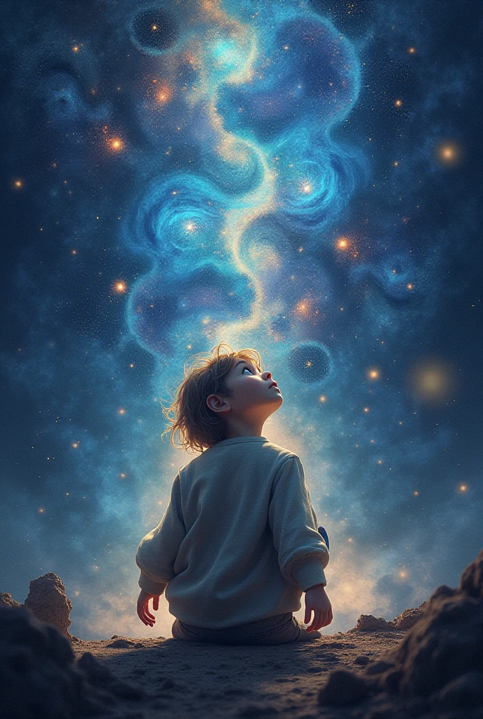 a child is looking to a paranoid multiverse from earth and a alien is touching him in a starry universe