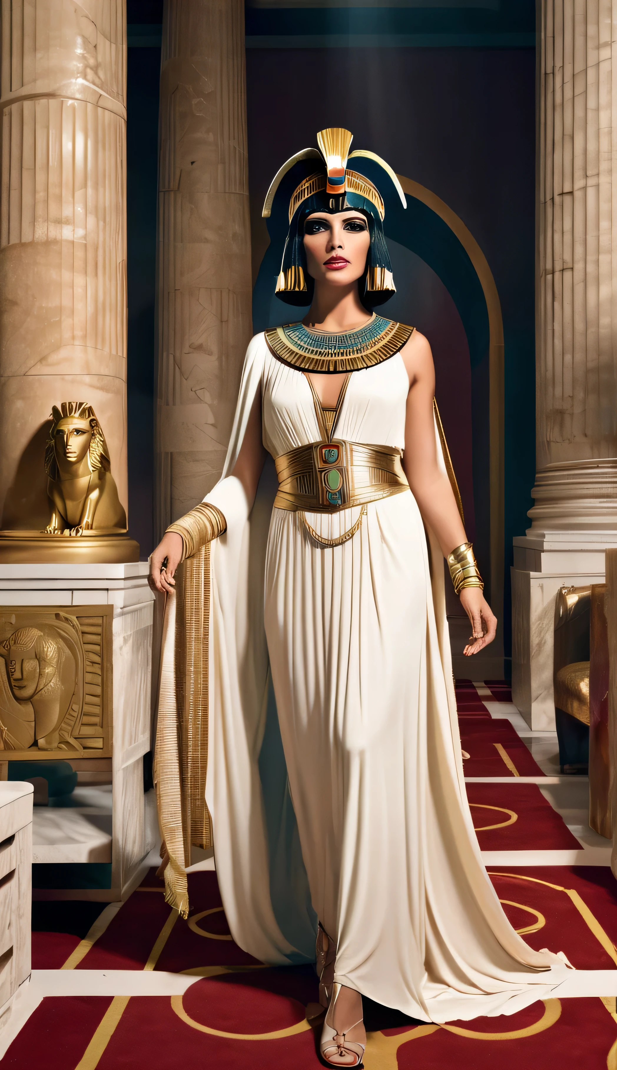 Cleopatra elegantly stepping out of the carpet in Caesar’s chamber, with a surprised and impressed Julius Caesar standing nearby amidst opulent Roman decor.
