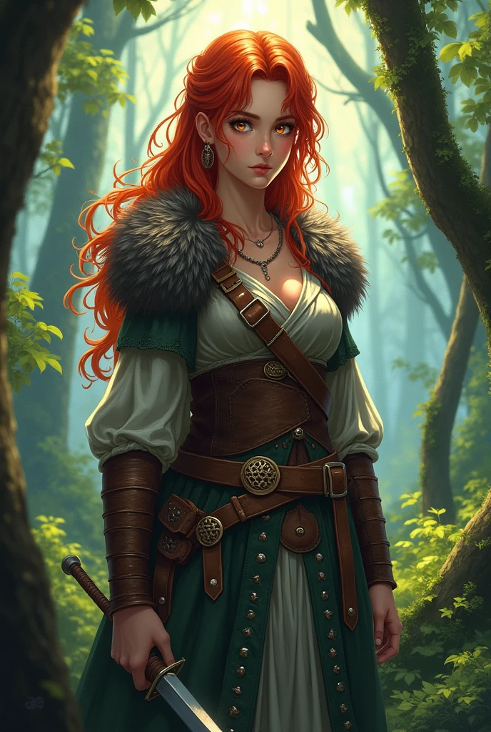 masterpiece , penetration, super detailed , full body costume, An anime Viking girl, anime style , in the middle of a forest, red hair, golden eyes, fair skin , traje viking.