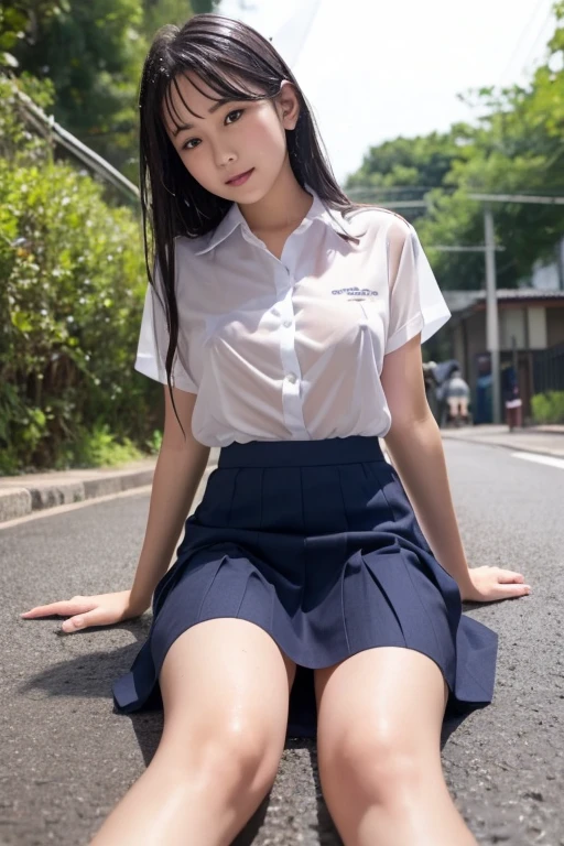 Cute junior high school girl,Wearing a JK uniform,drenched all over the body,on the roadside ,wearing white underwear,realisticlying,tmasterpiece,Realiy,Ultra-fine face, A detailed eye,ssmile