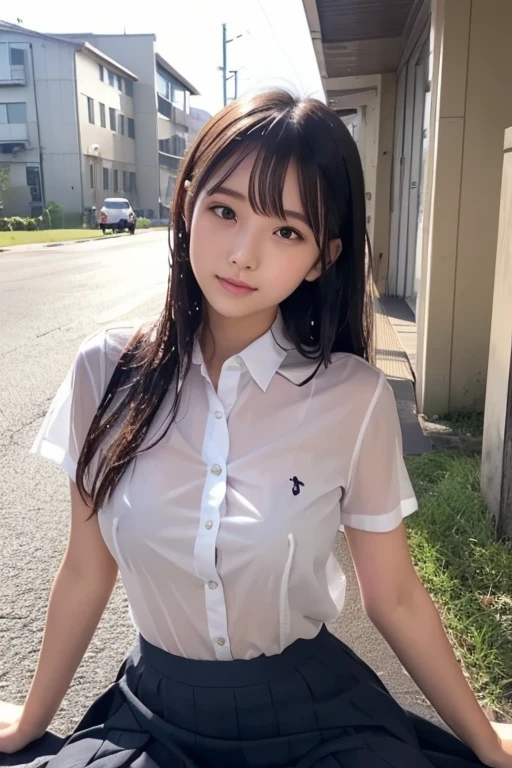 (Sexy pose),

(Highest quality, 8k, 32k, masterpiece, Ultra-high resolution:1.2), Cute Japanese Girl, (Huge breasts:1.2), Long black hair, bangs, (My whole body is wet:1.2),(Sweat is dripping:1.1),Idol,Natural Makeup,

(high school girl),(Wet transparent school uniform:1.3),(Your clothes are wet:1.4),(The clothes are transparent:1.4),(Clothes stick to the skin:1.4),No underwear,Tight waist, (Outdoor, Main Street, blue sky,),Upper body close-up、Strong sunlight、