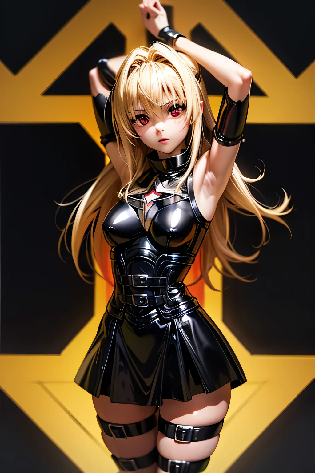 Complete anatomy best quality , Highest Resolution ,(((shiny black latex dress Shiny Blonde red eyes))) ToLOVEru Golden Darkness girl