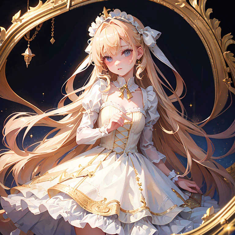 ((masterpiece)), 64k, highest quality,  ((simple)), ((plain background)), (1girl), smile, angelic cute deer girl, rose gold coloured hair, braided hair, twin ponytails, shimmery blue eyes, (sweet dark blue Lolita dress), lace dress, puffy sleeves, full body, white background