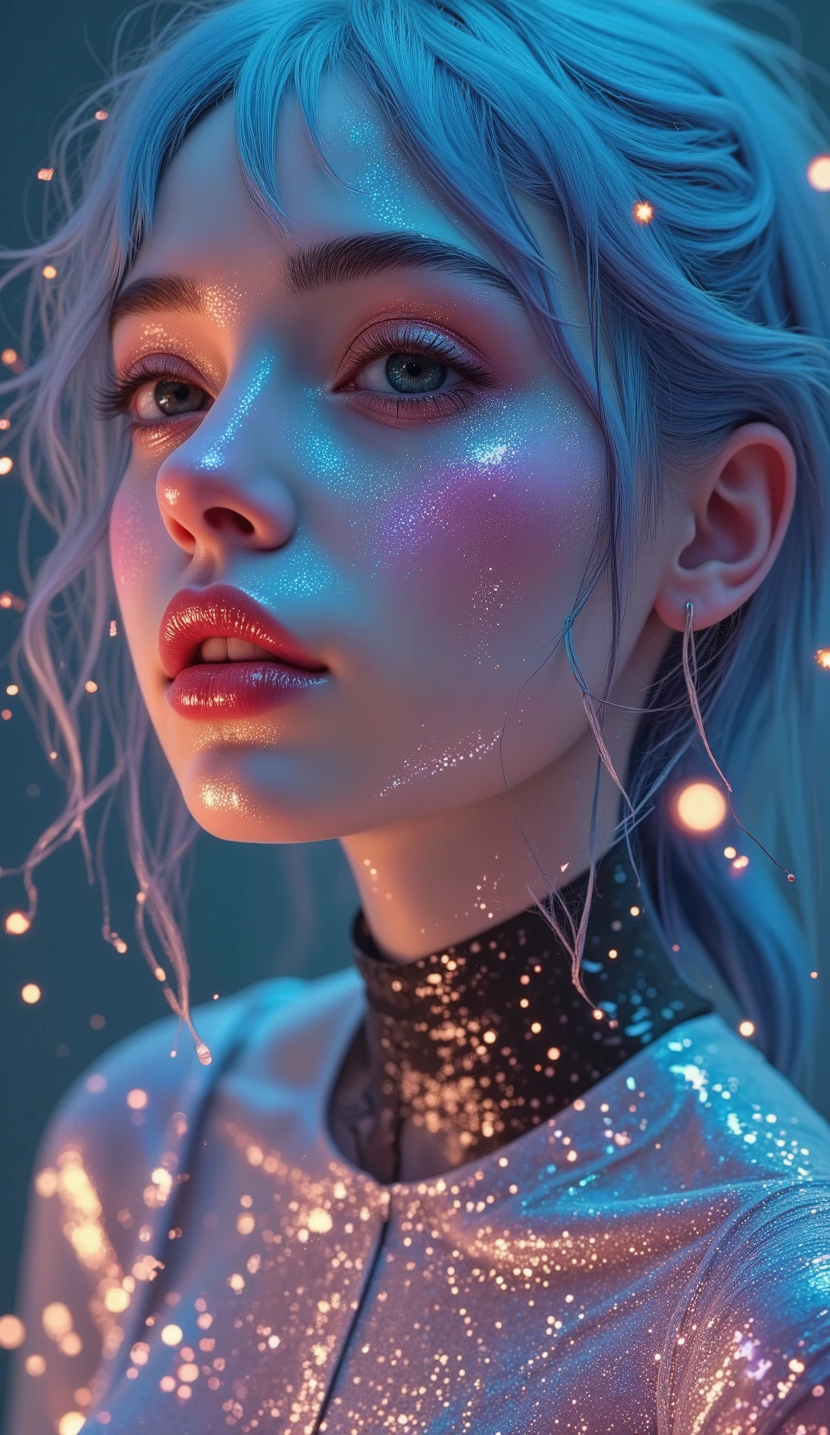  darkness,  neon lights,  general plan ,  Full body ,  Anatomically correct ,  hyper realistic :1.5,  A beautiful cyberpunk girl ,  detailed face with big expressive eyes ,  long eyelashes ,  small nose,  full lips,  blue hair with neon pink reflections , and augmented reality interfaces ,  intricate cyberpunk fashion with neon details , en un fondo de ciudad distópica oscura con  neon lights,  skyscraper, and flying vehicles , 8K,  photorealistic ,  Cinematic lighting ,  hyper Detailed, arte digital