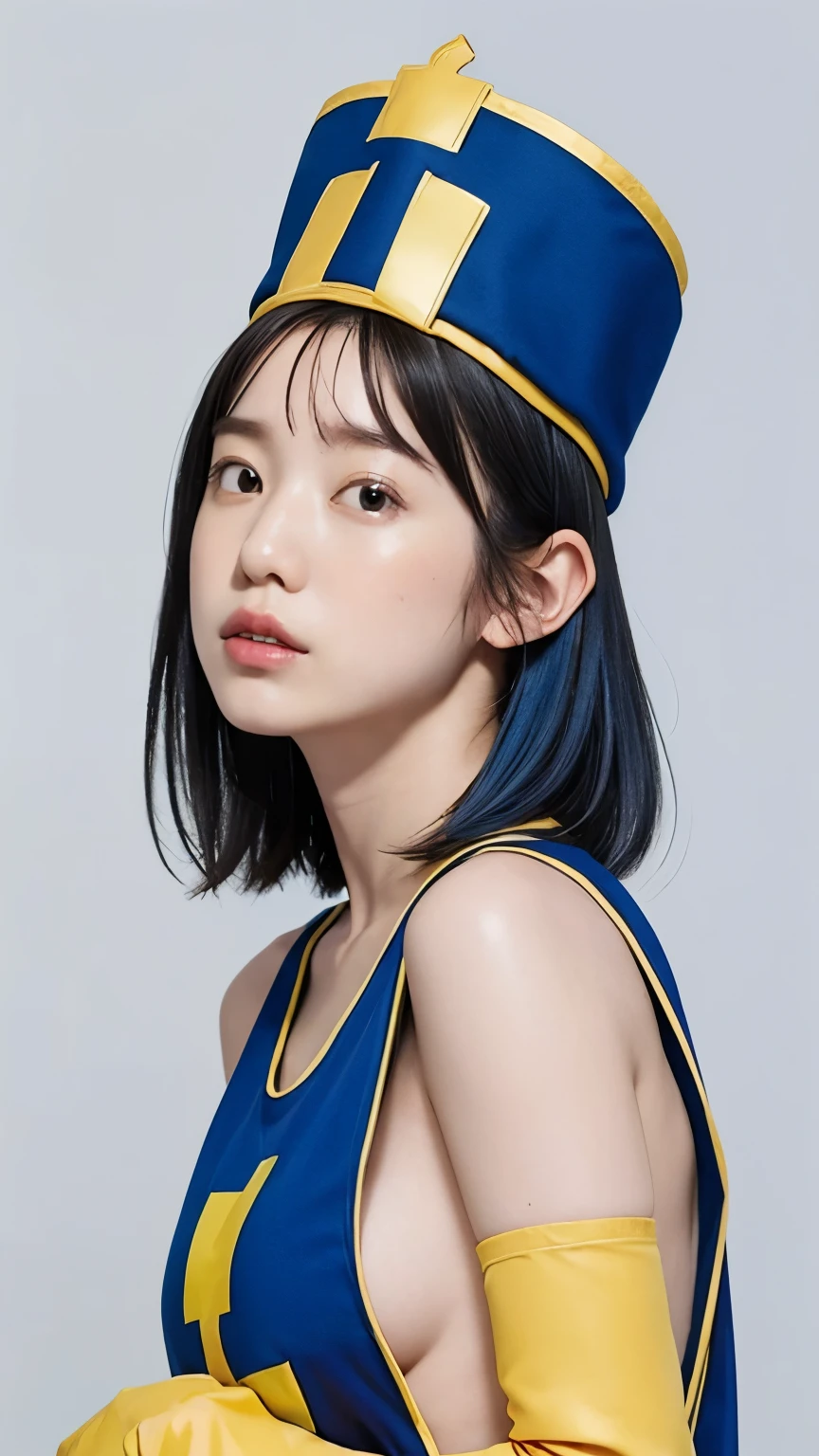 ((( The Greatest Masterpiece、 best quality 、 high resolution)))、 realistic、Professional Lighting、 Japanese 、woman、 cute、young、 white skin、(((sideboob)))、Ayaka Hironaka、 female monk costume from Dorakue III、( light blue hair with a slender body)、(blue priest hat、Only blue tabards wear 、Yellow cross print )、 yellow elbow gloves、anatomically accurate、simple background
