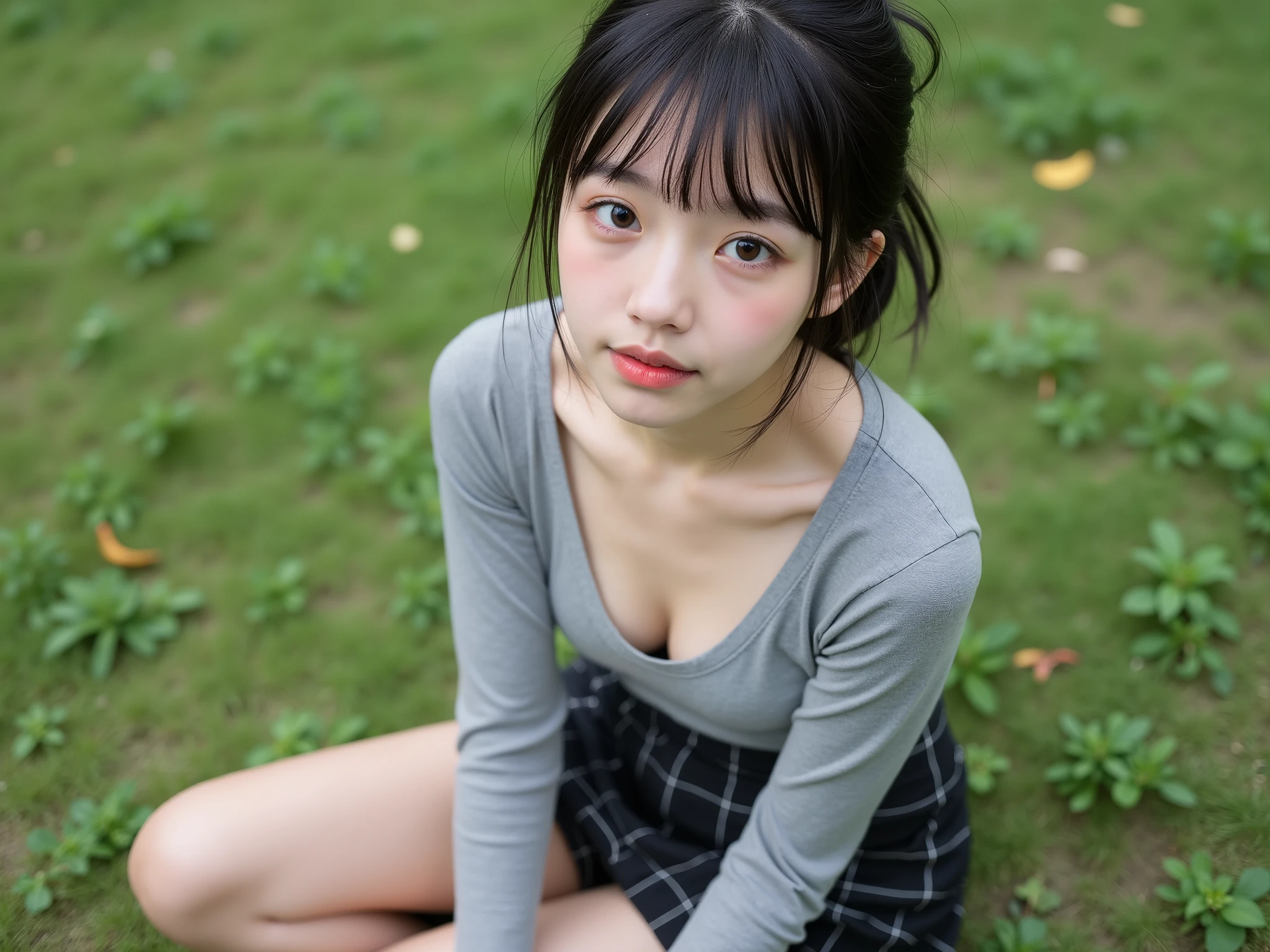((((masterpiece, best quality, high resolution)))), Extremely detailed 8K, Beautiful girl with voluptuous body, (Ultra HD, Ultra-detailed, Highly detailed, Highly realistic, Ultra-realistic, photograph realistic), (1girl:1.5), (Realistic white hair), short wavy black hair, bob cut, (dynamic poses), facing at camera, light smile, purple eyes, average breasts, (beautiful detailed face, beautiful detailed eyes), (white tank top, thin material), cleavage, dark jean shorts, glow, sweat, (sunbeam, sunlight)、Fishnet tights
