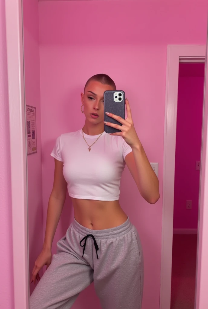 a full white instagram influencer with medium pink hairs, hazel eyes, wearing black tee shirt, at gym, realistic photography,photorealistic