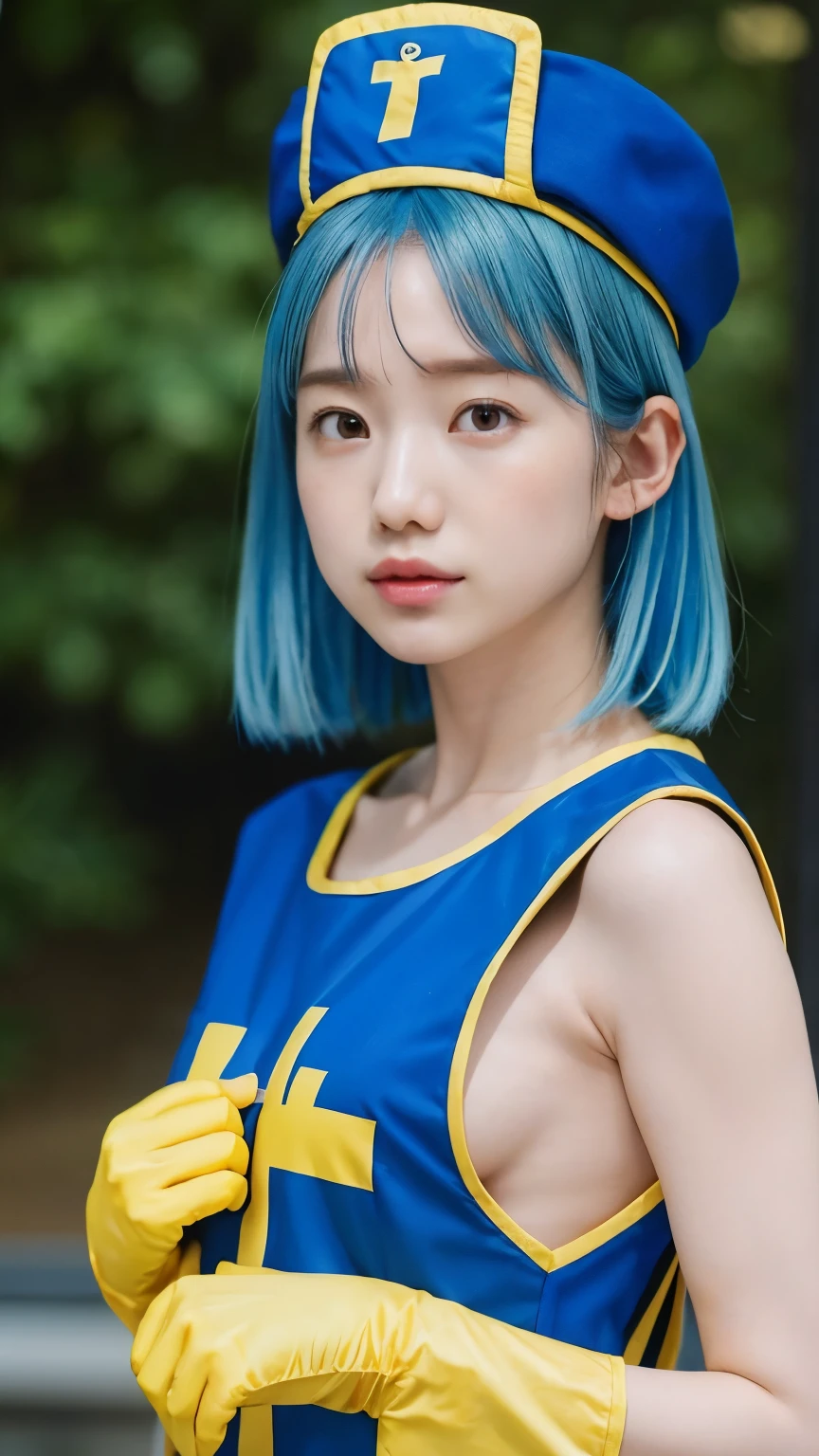((( The Greatest Masterpiece、 best quality 、 high resolution)))、 realistic、Professional Lighting、 Japanese 、woman、 cute、young、 white skin、(( small tits、sideboob))、Ayaka Hironaka、 female monk costume from Dorakue III、(( pastel blue hair ))、(blue priest hat、Only blue tabards wear 、Yellow cross print )、 yellow elbow gloves、anatomically accurate、embarrassed、simple background