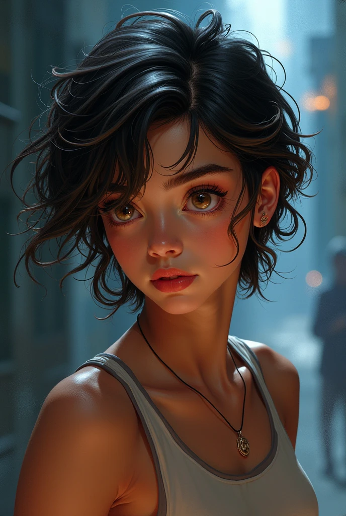 (8k, best quality, masterpiece:1.2),(best quality:1.0), (ultra highres:1.0), painted artwork, a sexy smile, shoulder, long dark hair, green eyes, tears slowly drips down, pink and white top, inspired by Drew Struzan, half body portrait, extremely luminous bright design, sparkling particles flow breeze, pastel colors, (ink:1.3), lone space darkness, inspired by Star Wars poster