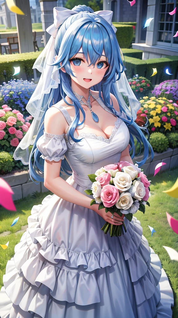 Sky blue hair, (One braided ponytail),(Pink Eyes),Fair skin ,(whole body),(One girl),bride,A big smile,Straight bangs, 6月のbride,Wedding dress,(masterpiece, Highest quality, Very detailed, Best Shadow), (Detailed Background), (Beautifully detailed face), High Contrast, (Best lighting, Very delicate and beautiful), ((Cinematic Light)), colorful, Hyper Detail, Dramatic Light, Intricate details,Chapel background,A bouquet of roses in the right hand,Ring on left ring finger,