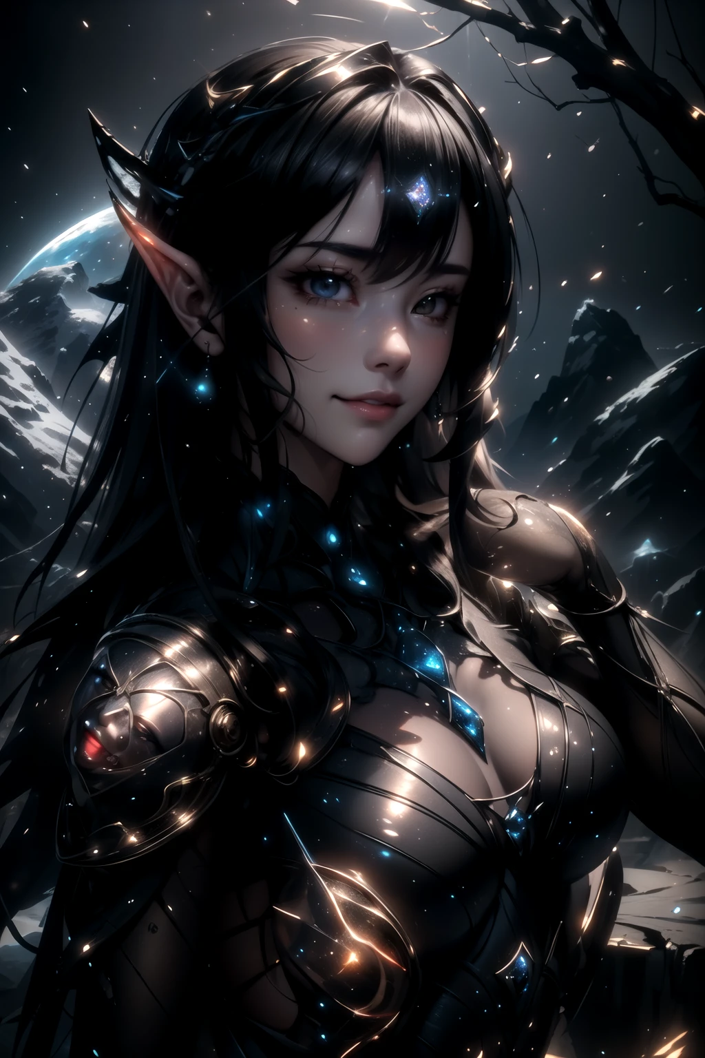 (ultra Realistic) , (illustration), (Enhance resolution), (8k), ( Extremely Detailed), ( detailed face ), Slim Body, in the dark , deep shadow, low profile, pureerosfaceace_v1, Happy smile, Winter, Mountain