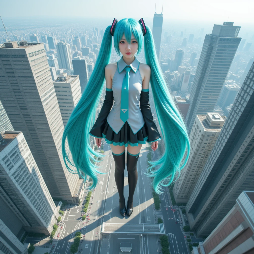 ((Description of Super Giant、8k、Realistic、Hatsune Miku、Cosplay、Japanese women、Cosplayイヤー、Large Breasts、非常に詳細なDescription of Super Giant、Much bigger than a skyscraper、very small metropolis, Miniature metropolis, 靴の高さしかないMiniature metropolisで、Full body description、天高く聳える超巨大Hatsune Miku、Walking from afar、top view)), ((Clone avatar depiction、8k、Realistic、Hatsune Miku、Cosplay、Japanese women、Cosplayイヤー、Large Breasts、Highly detailed avatar art、hatsune miku one girl clones, 1 girl is cloned、10 people、100 people、1000 people、Hatsune Mikuの群衆、congestion、Chest to Chest))