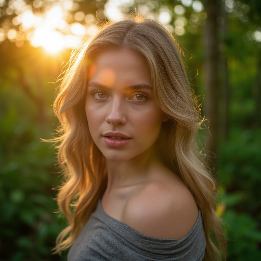 closeup portrait, sexy SSblonde hair, parted lips, lips, casual dress, looking at viewer, forest background, sunset lights, realistic