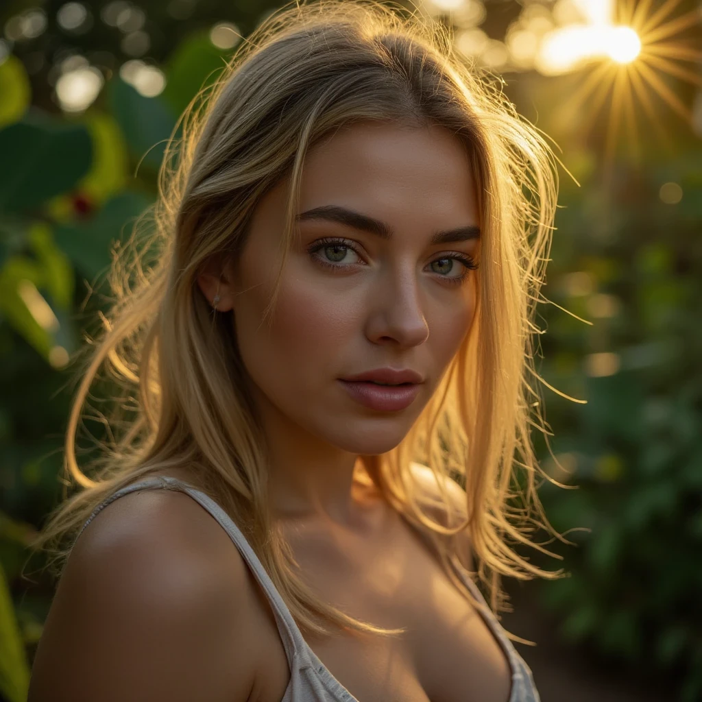 closeup portrait, sexy SSblonde hair, parted lips, lips, casual dress, looking at viewer, forest background, sunset lights, realistic