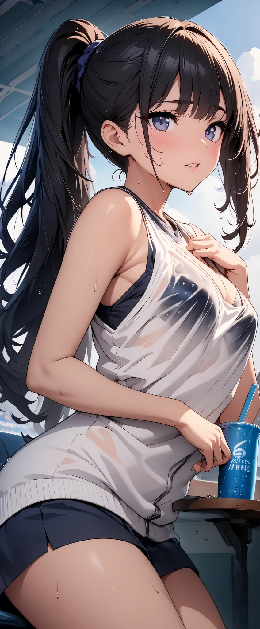 Anime girl with long black hair sitting at a table with a cup - SeaArt AI