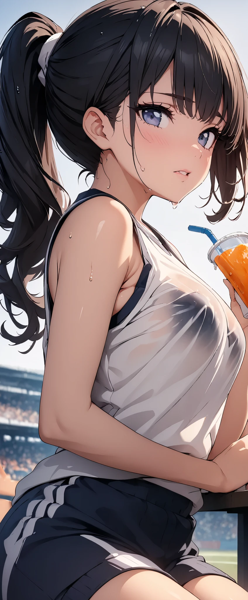 (((masterpiece)))、(( best quality ))、( super detailed )、(CG illustration)、(Very beautiful woman))、 movie-like light 、((1 Female))、 、(Beautiful and luxurious:1.2)、( One Woman :1.3)Sports Stadium,,((Japanese white sleeveless gym clothes), wet with sweat ,Beautiful ponytail,Drink a sports drink,,Rokka,( the clothes show through and you can see the bra)Gloss Lip