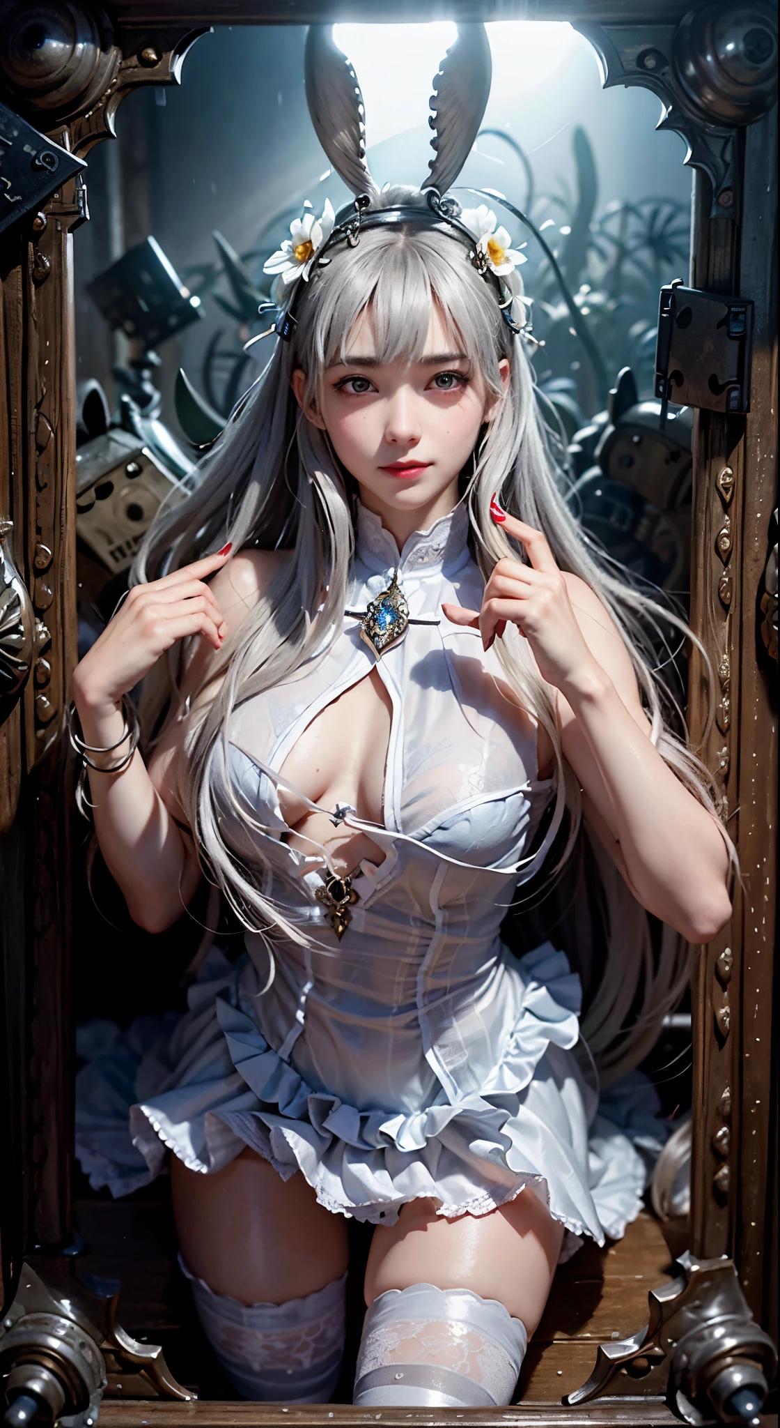 a close up of a person with a white hair and a sword,white-haired god,White Very Long Hair,Long white hair,lacepantyhose,Bigchest,nakeness,Guviz-style artwork,White hair,Guviz,handsome guy in demon killer art,Beautiful character painting,by Yang J,whaite hair,Guvitz on the Pixif Art Station,Anime figure