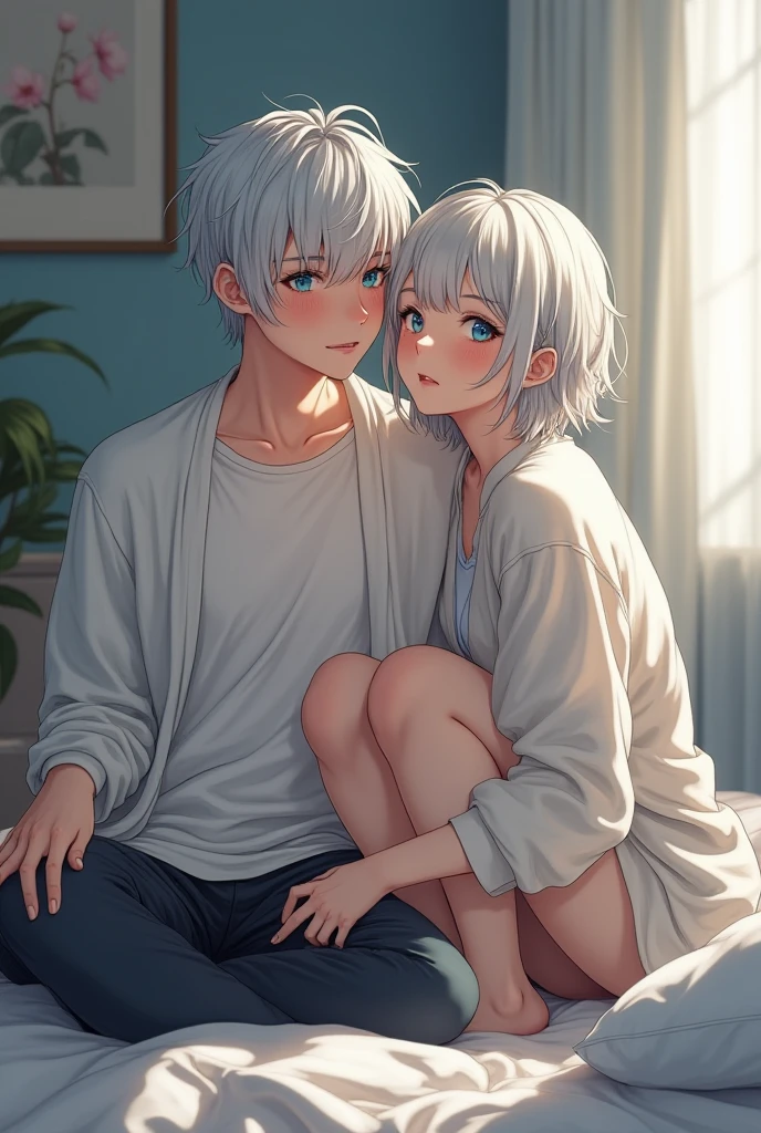 <lyco:kisslora:1> a short white hair 1girl and 1man sat in a bench , kiss