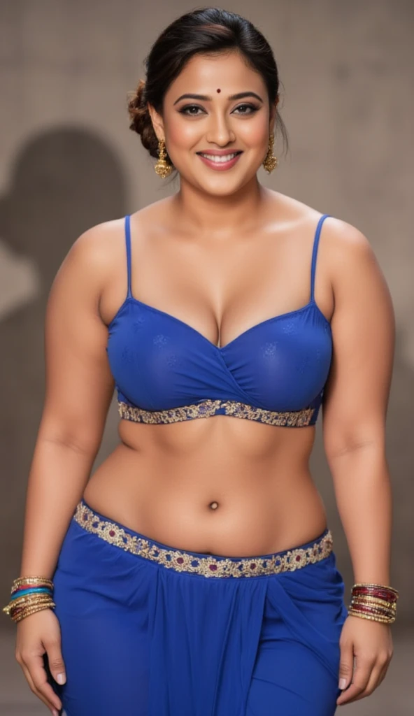 extreme close up photo of sexy mahie gill, thick figure, beautiful saree, front view, curvy, blue cotton saree, in kitchen, French braid hair, sweaty body, sweaty navel
