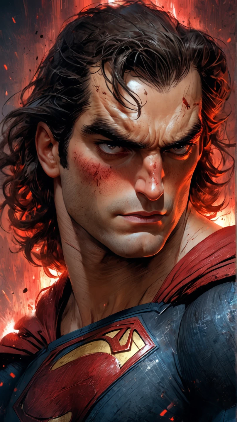 tears ,brown hair,red lazer eyes,man, super man, art pop, masterpiece,intricate details, horror theme ,portrait,dark ambience, dust,low light ,cinematic, ambient oclussion, chromatic aberration, Use a slightly low-angle perspective to make Superman appear larger than life, reinforcing his status as a heroic and sexy icon