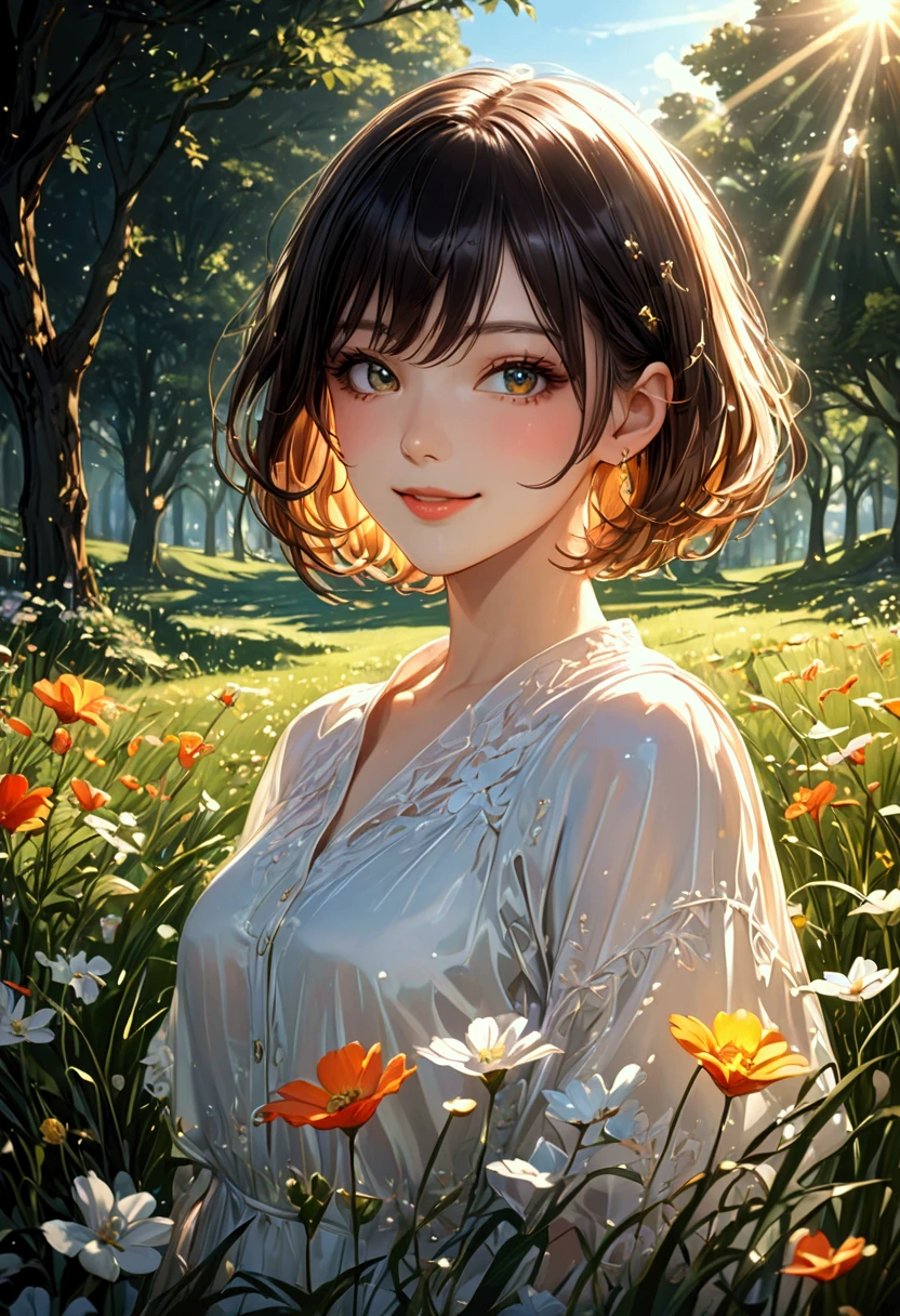 cute woman, smiling, glossy silky messy wavy short hair, captivating eyes, the glittering sunlight shines in, background grassy garden, professional and perfect composition, extremely delicate depiction, extremely clear image, bold and dynamic, contrasts of light and shadow, ultra detailed, absolutely resolution, masterpiece