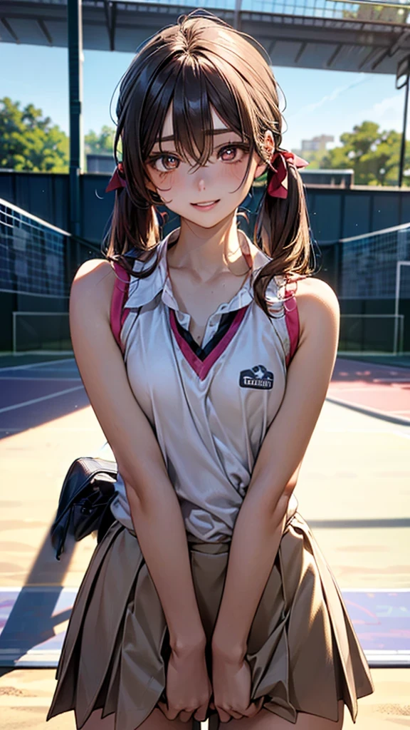 sksbrooke person, sksbrooke, (masterpiece:1.2), (best quality:1.2), perfect eyes, perfect face, 1girl, solo, brown eyes, (medium breasts), perky breasts, blue and black tennis uniform and shirt, tennis court background, smiling, kneeling