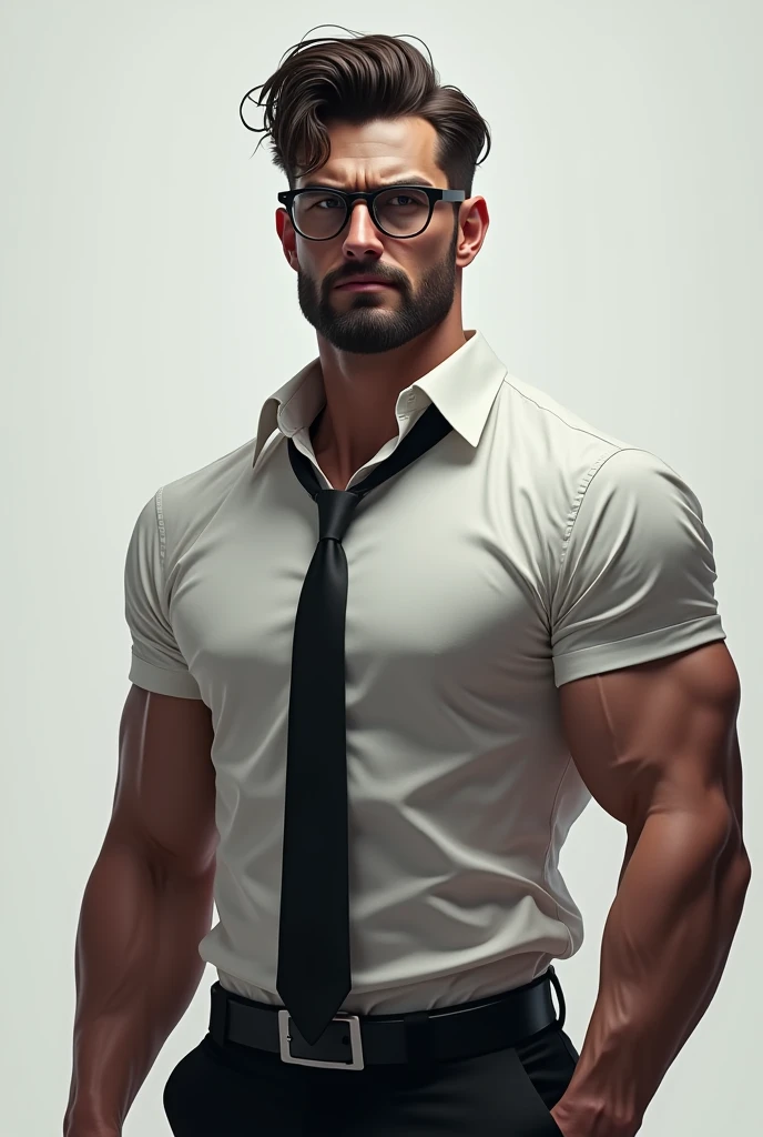 1man, a muscular 30-year-old teacher, wearing a long-sleeved white shirt and tie, is seducing someone with his body