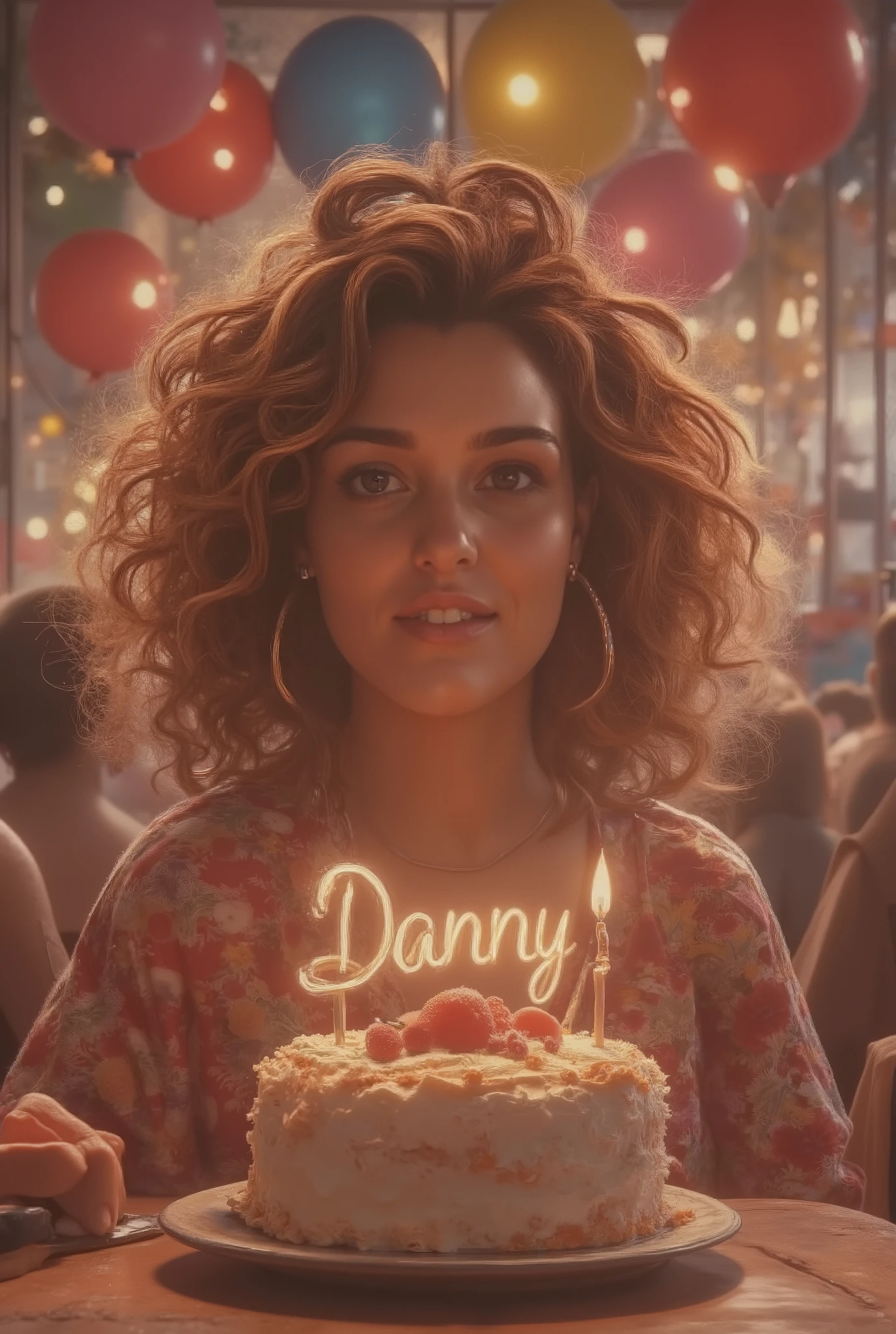 Women's birthday with cake with name on the cake Danny background balloons and birthday lights