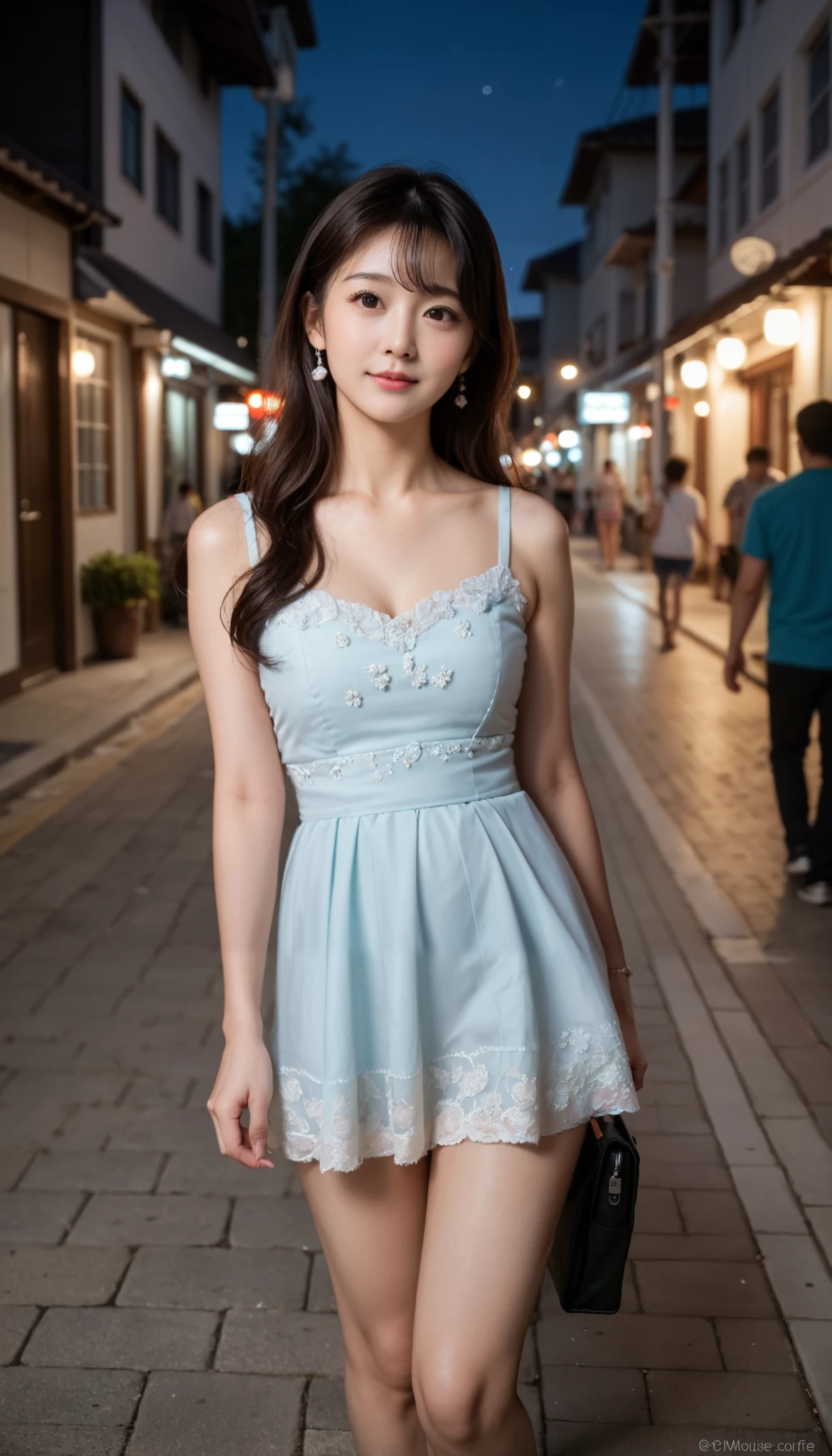 Realistic photo, 30 year old Korean beauty Korean housewife face woman, bright expression woman walking in dark Japanese Ginza night street at night wearing cute housewife look, delicate face and body, natural light, high resolution, realistic photo, (Top quality, 8K, high resolution, masterpiece: ), very detailed, (realistic, photo realistic, photo reality: ), slender body realistic skin texture, slightly small eyes and , beautiful and delicate face, long eyelashes, soft skin, stylish body shape real photo SLR camera UHD quality best, knee visible,