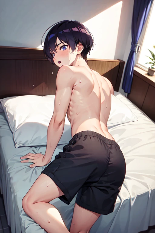 [1 boy]   , [masterpiece] ,   sleeping , scratch groin , big crotch ,  sweaty , exercise, (heavy sweat)  ,  young boy!  ,[middle school boy] , japanese anime , show abs , bicep ,  short hair , innocent , muscle, cute , lewd , bedroom , on bed , short pant ,  lewd , HD , erection , hot , shota , shotacon , ecchi , sexy , topless , underwear , male