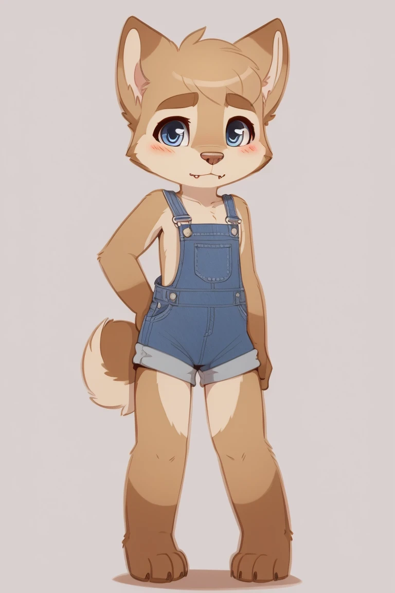 anthro, blue eyes, blush,,cute , female, female cub, cute_fangs, , fur, grey background,no clotes, looking at viewer, overalls, paws, shortalls, solo, standing, tan body, tan fur, young, young anthro, young female, front view, by newski, husky