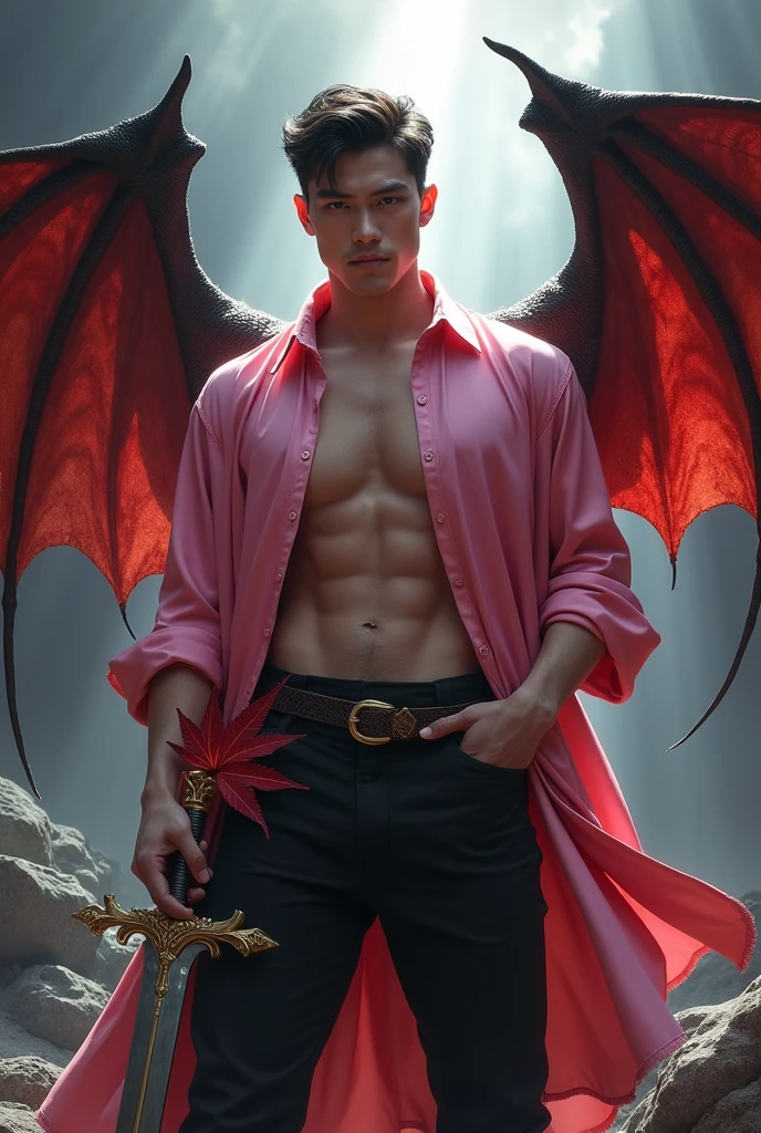 1 handsome naked korean  guy，sexy posture, A 20 year-old man wearing a bare chest shirt and  no shorts stands against a white background,，Masculine，muscular, bare chest, handsome，High，detailed Muscles look good，hairy body，sexy expression, Wheat complexion，black eyes（thin eyes 1：3），Full body image,wearing  sexy dragon chinese warrior  costume ( jewlry red golden detail ) with long big blue dragon wings, above the sky background , show dick, perfect dick shape, erection, super detailed dick, masturbate long big fat dick, open legs