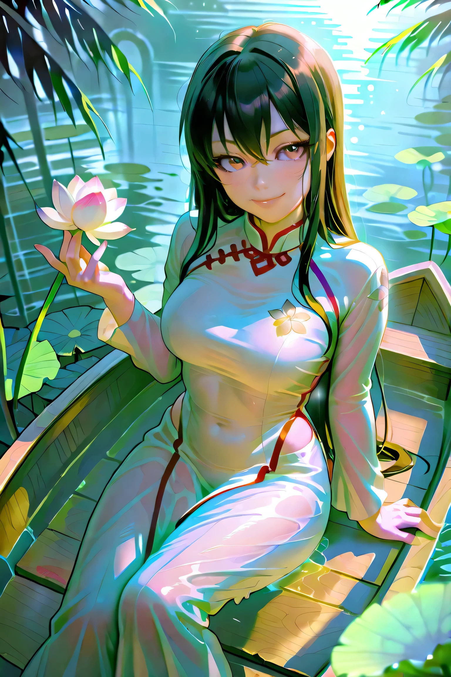 girl wearing dry Ao Dai at (lotus field at dong thap city) in Vietnam (sfw),
looking at viewer,
hand up, many Flower petals on palm,
5 fingers,
sitting on the boat in the early morning,
sun beam from coconut tree,
morning fogs,
her butt on the boat,
folded knee,
small wooden boat,
twisting upper body,
various posing,
dutch_angle,
pelvic curtain on the boat,
(from above:0.8), (side portrait:1.3), close shot of face,
sunrise sky
coconut trees on foreground,
(blooming over 10pieces of pink large lotus flowers:1.3)
(lotus flowers:1.3),
(randomly placed huge tall lotus leaves over 20pieces of covering on the ponds surrounded of around boat:1.3)
water dew on the lotus leaves,
(hard diffused spotlighting from diagonally behind:0.7),
(girl covered with dark shadow but face:1.3)
(low contrast on skin, low brightness on skin:1.3)
(low highlight on skin:1.3 )
(low contrast on skin, low brightness on skin:1.3)
(set white balance as 5600k on middle tone of skin)
volumetric shadow on breasts, long fore and back pelvic curtains of ao dai.
(viewer has reflector board controlled reflection from sun on girls face for mesmerizing portrait:1.3),
(sharp lines:1.3)
white color of ao dai. not sew piping ao dai
(bokeh on background), pointy oval shape of boat,
skin of side belly, white silky long pants as set of ao dai,
short round chin (yellow iris), soft shadow on face make her beauty, face profile. tilt head,
shining skin, perfect quality, masterpiece, clear skin, translucent ao dai by the backlight from sun
correct lotu shape,
zPDXL3
perfect realistic skin, medium breasts, (skin no tatoo nor painting, no scars:1.3)
18yo girl, smile
anime style (cute) round (adorable face) (thick wet lip)
long glossy black hair very short, wearing glasses 3part of bangs,
narrow sloping shoulders
clear skin on hands and side belly,
(traditional cutting silky long sleeves white ao dai with white glitter embroidery around fore body),
raglan sleeve ao dai
her right side open design