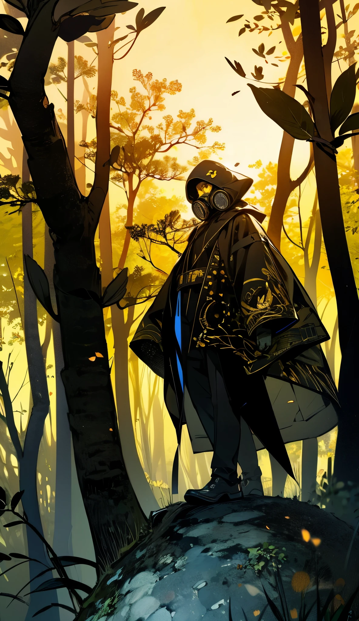 1girl , , eleveng hair , cabelos brancos, using a ((((Tech futuristic gas mask))), explorer outfit , ((( walking cautiously through the dark forest , booties , full body costume, yellow eyes ))), { extremely detailed 16k CG unit wallpaper}, expansive landscape photograph , ( a view from below focusing on the character and the setting ), ( wide view of open field ), ( Low-angle photo ), (high light: 1.0), (low light:1.8), Complex details , ( bright lighting ), ( atmospheric lighting )