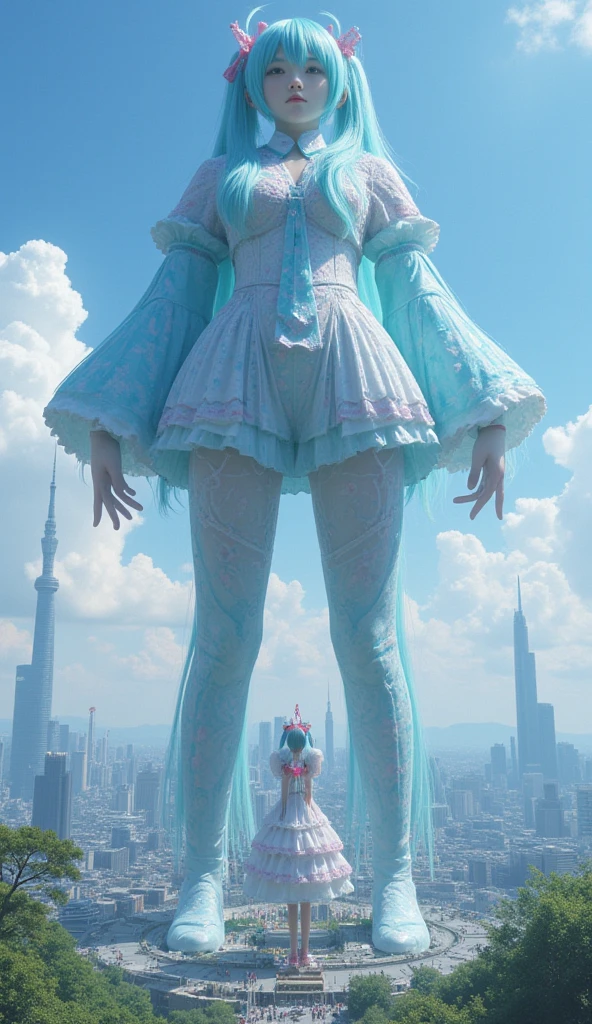 Floor-to-ceiling windows in the living room on the 180th floor of the Shanghai Tower door,Two little girls in openwork translucent stockings holding toys,Pout,Pink double-tailed hair and cyan eyes,Anime little girl in servant costume