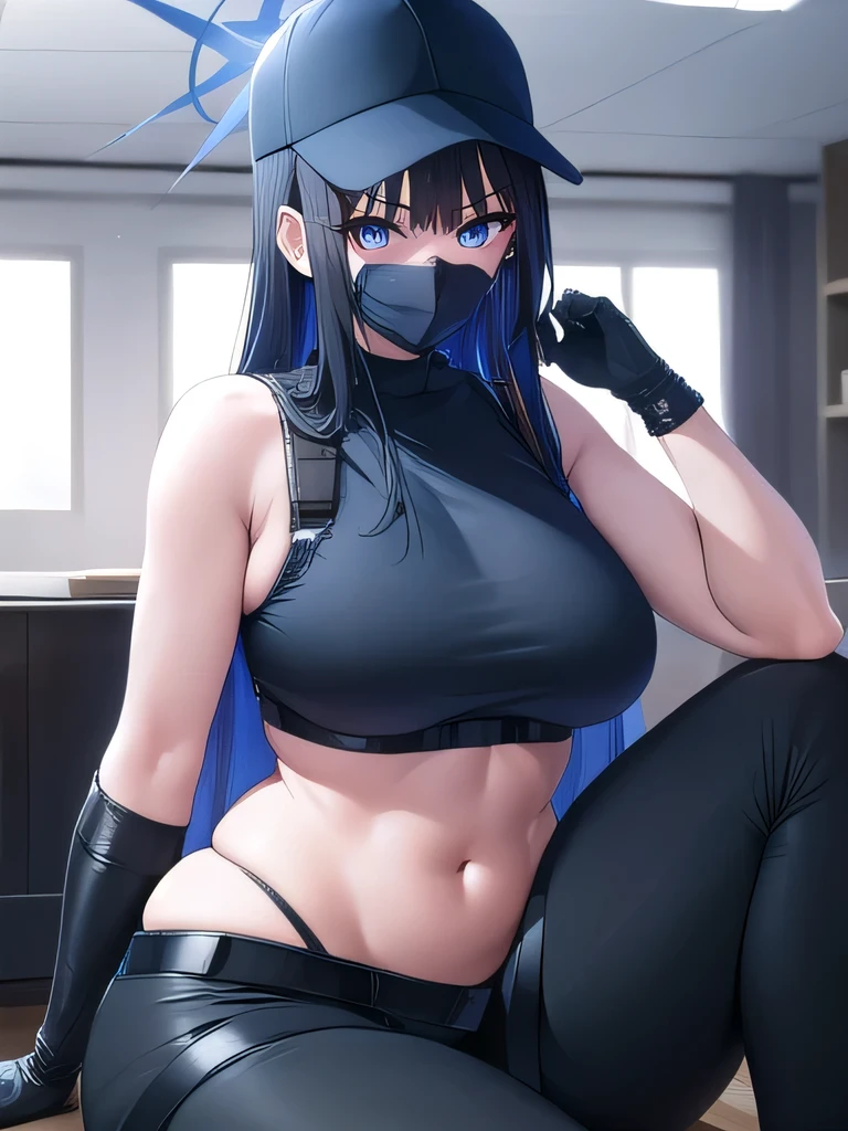 saorijoumae, saori joumae, full body, blue eyes, blue hair, halo, long hair, mask, mouth mask, bare arms, bare shoulders, belt, black headwear, thighs, thick legs, laying, legs up, black pants, black shirt, blue gloves, crop top, gloves, leggings, midriff, navel, pants, shirt, sleeveless, sleeveless shirt, looking at viewer, indoors, masterpiece, best quality, high resolution, unity 8k wallpaper, extremely detailed face, perfect lighting, extremely detailed CG, (perfect hands, perfect anatomy), large breasts,