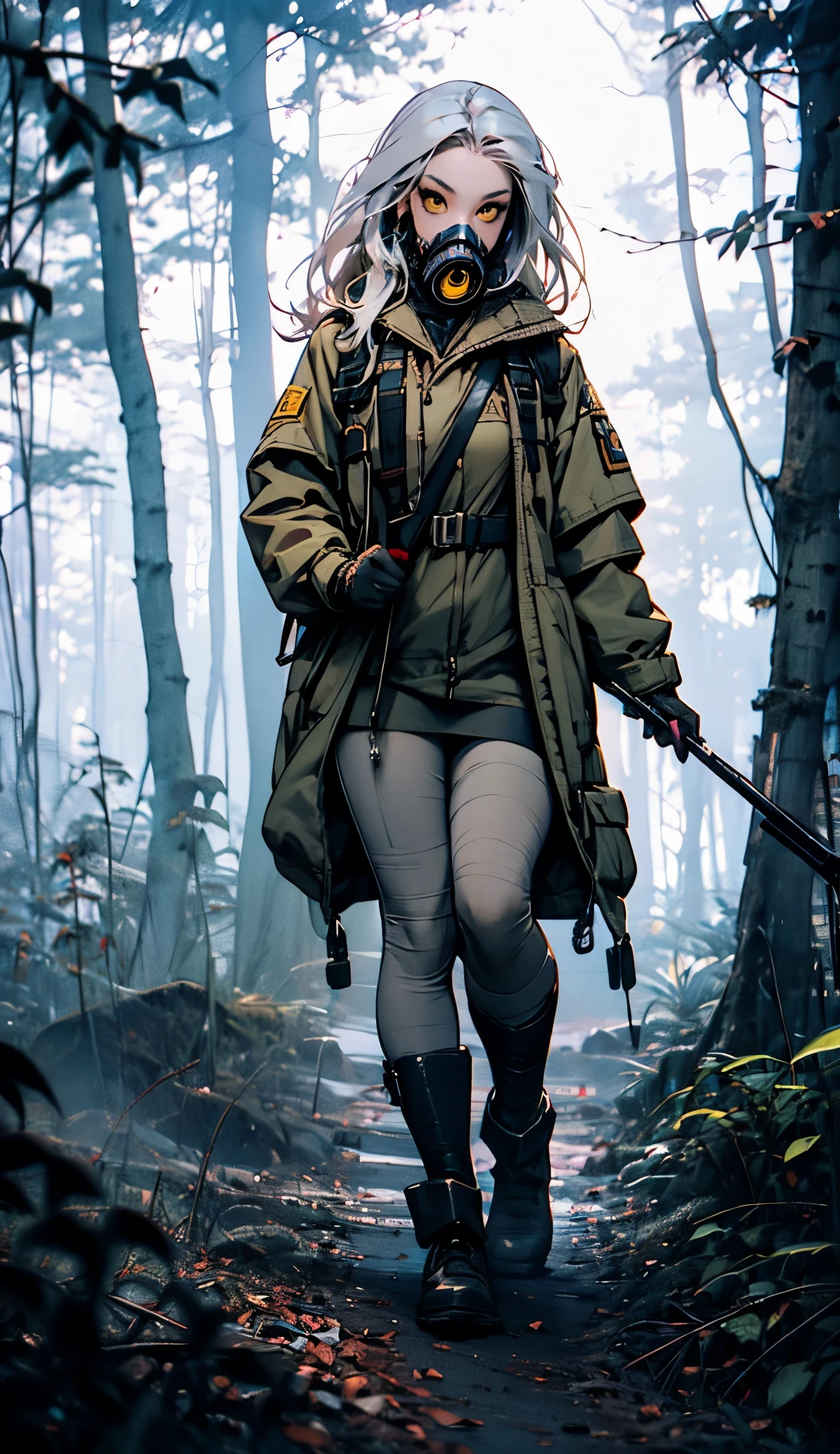 1girl , , eleveng hair , completely white hair, white hair, Using a ((((gas mask))), explorer outfit , (((Walking low in the middle of the dark forest, booties , full body costume, yellow eyes ))), full body