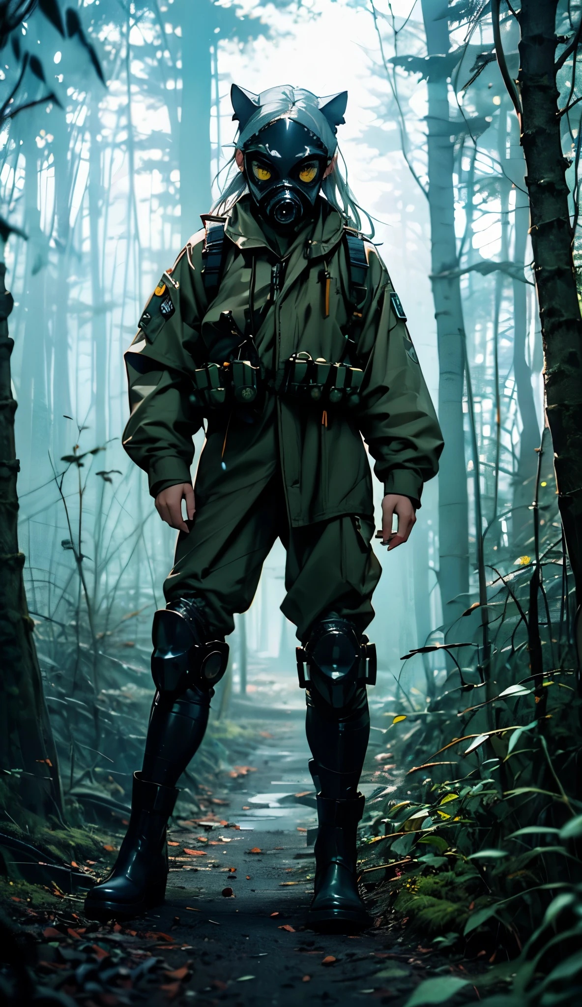  1girl , , eleveng hair , completely white hair, white hair, using a ((((gas mask))),  explorer outfit , (((Walking low in the middle of the dark forest, booties ,  full body costume,  yellow eyes ))), full body